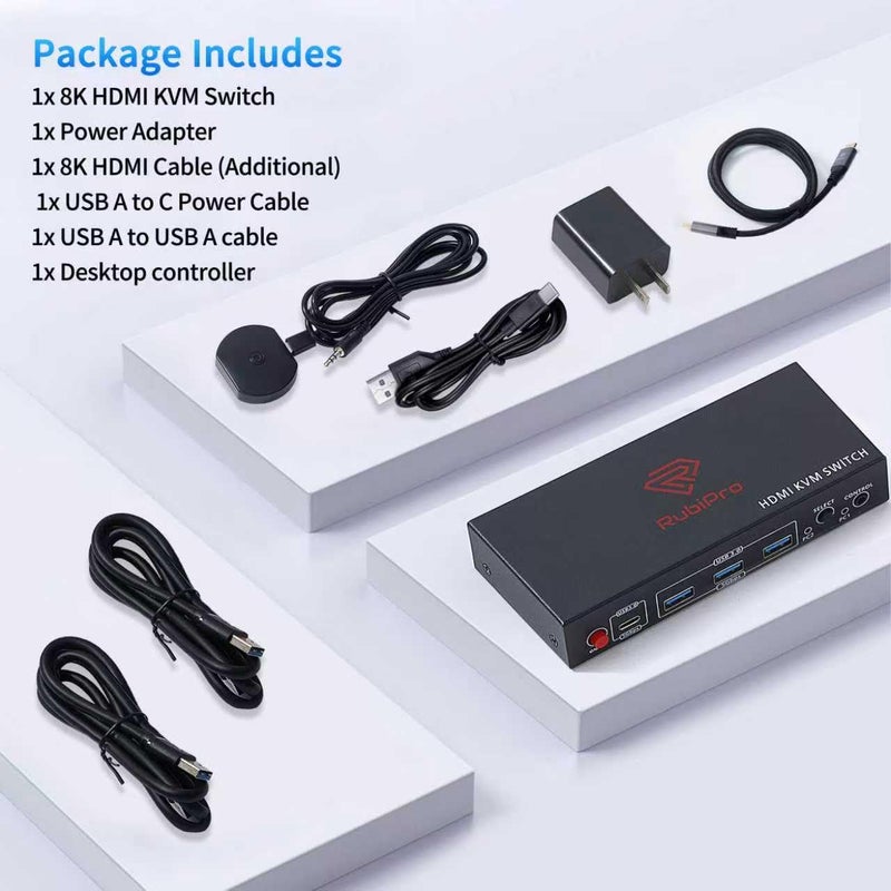 RubiPro HDMI KVM Switch 2 Monitors 2 Computers – Dual Display 8K@60Hz, 4K@120Hz, USB 3.0 Fast Data Transfer, Plug & Play for Windows/Mac/Linux with an Additional 8K HDMI Cable - Image 5